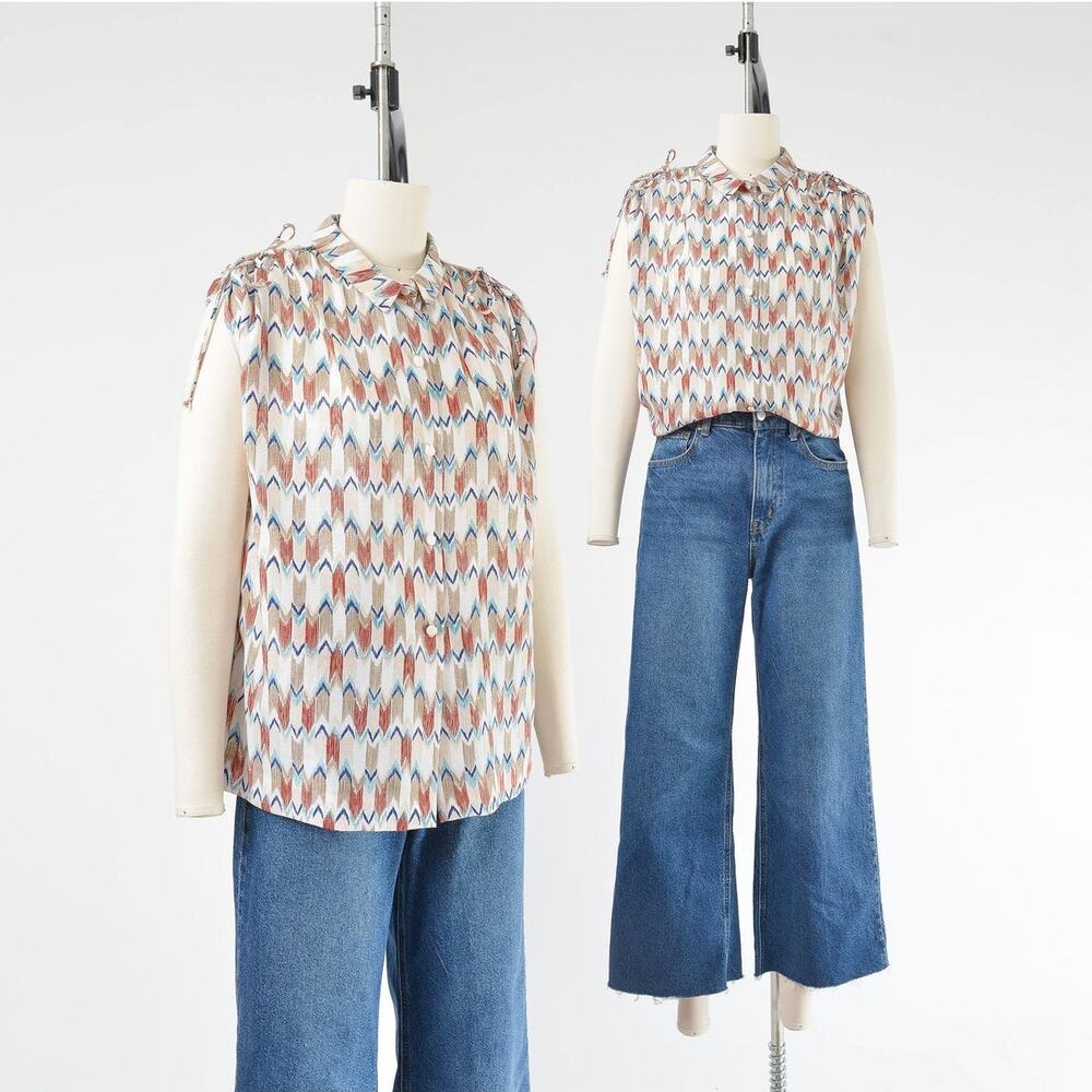 Vintage 70s Ikat Print Blouse Chevron Print Tie Shoulder Top Boho Shirt M L